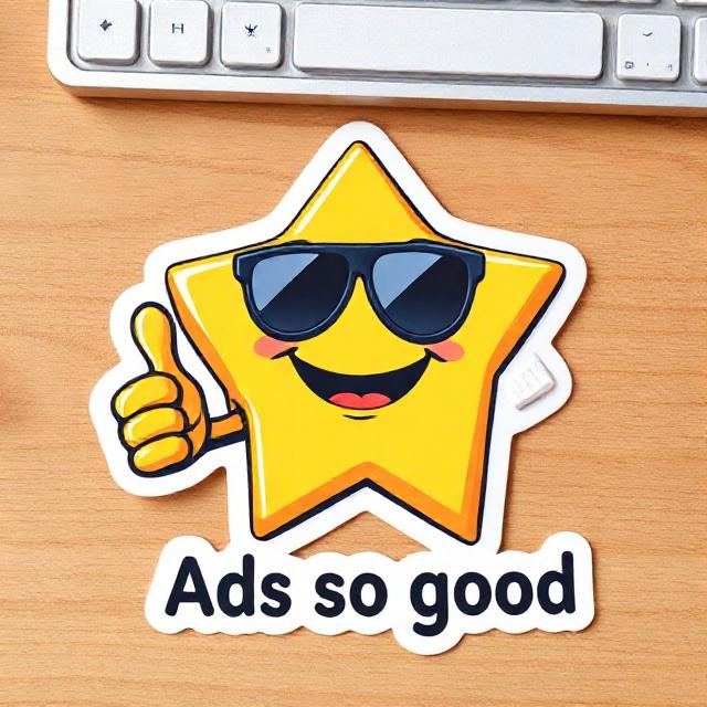 die-cut sticker mockup of an original meme-style character: cheerful yellow star with sunglasses giving thumbs up, bold caption 'Ads so good' in clean sans-serif, white border, glossy vinyl texture, flat lay on a wooden desk, soft shadows, high detail, photorealistic, 4k
