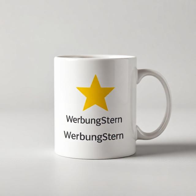 minimal studio mockup of a white ceramic mug on neutral light gray background, printed yellow star logo with text 'WerbungStern' in dark charcoal (#232830) below, brand color yellow (#FFC107), soft natural light, photorealistic, 4k